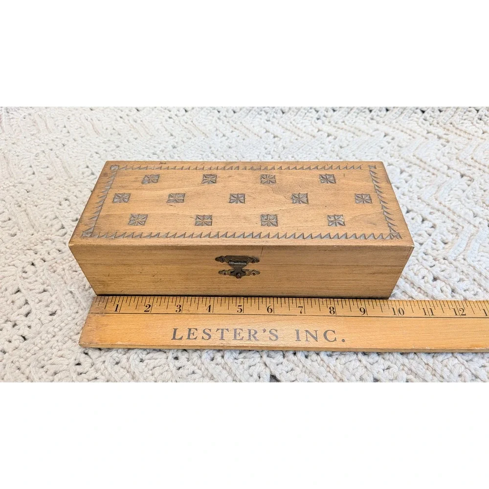 Vintage Hand Carved Wooden Trinket Jewelry Box Lined Rectangular Latch 9.5in